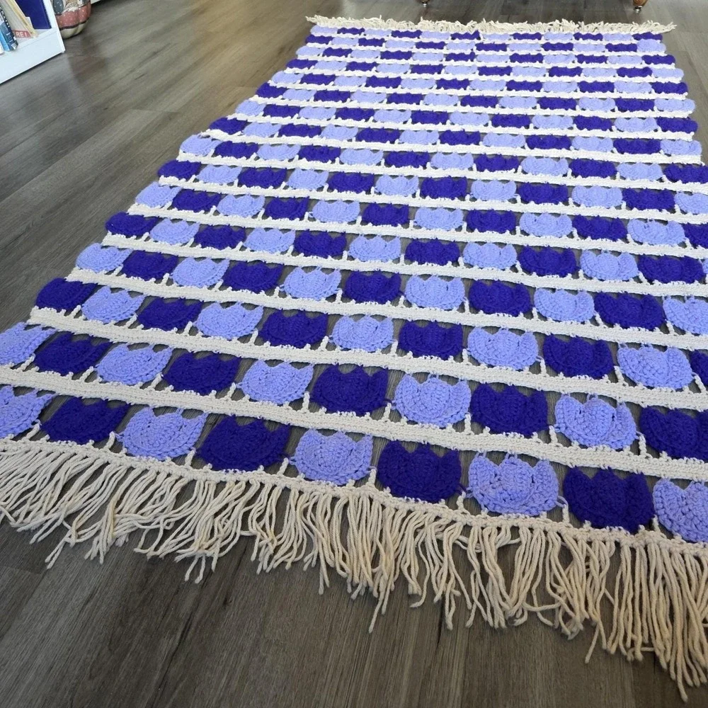 Vintage Handmade Crochet Purple & Cream Tulip Tulips Afghan Throw Blanket 85x45